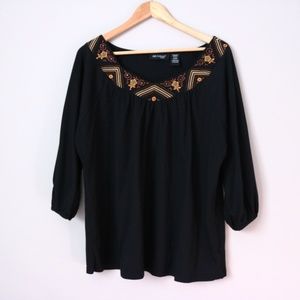 Black Embroidered Long Sleeve Blouse Plus Size